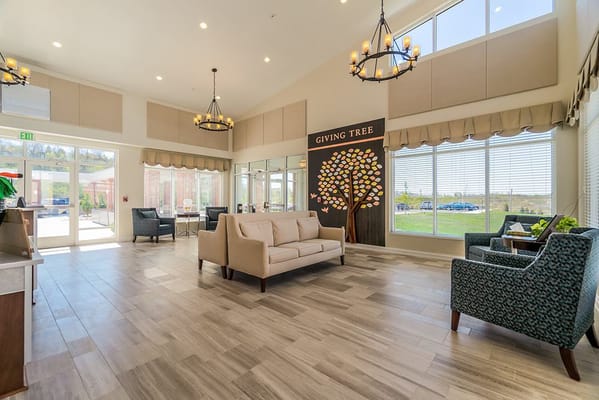 Bright and spacious lobby area with seating