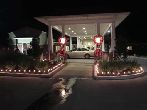 Exterior entrance decorations of a senior living facility