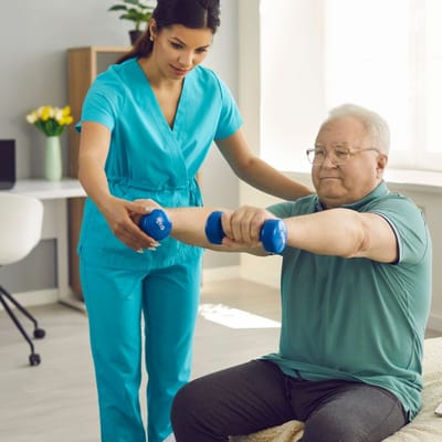 A staff member assisting a resident with weights in a bright room