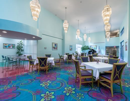 Dining area with colorful decor and tables