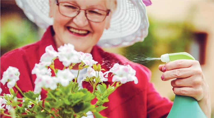 A smiling senior woman watering flowers in a garden