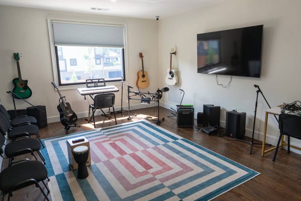 Interior of a music activity room with instruments
