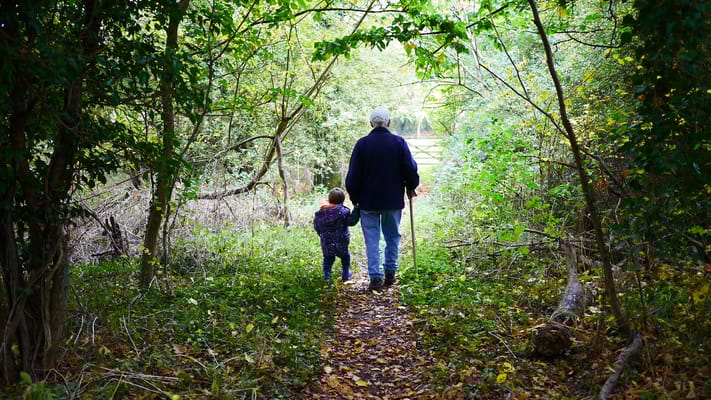 An elderly person and a child walking on a nature trail