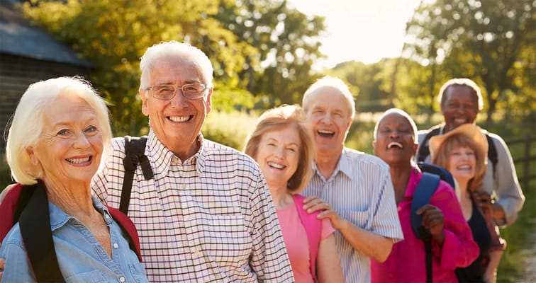 Group of smiling seniors enjoying a sunny outdoor space