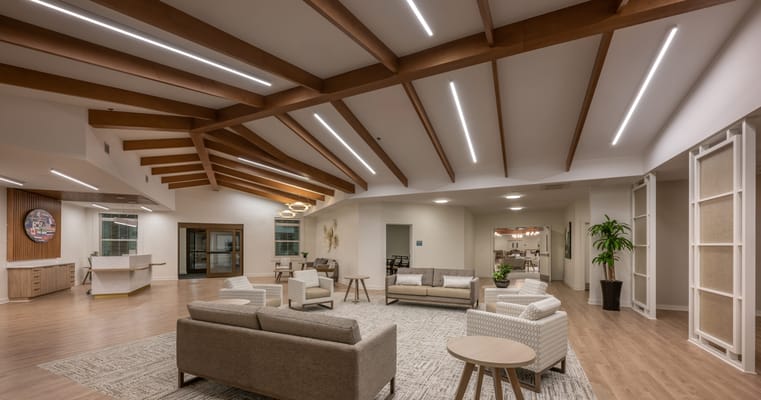 Bright and spacious common area with modern furnishings