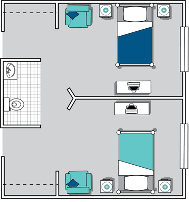 Architectural floor plan showing resident rooms and bathroom
