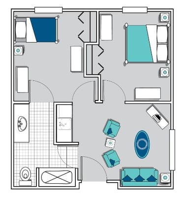 Architectural floor plan of a two-bedroom unit