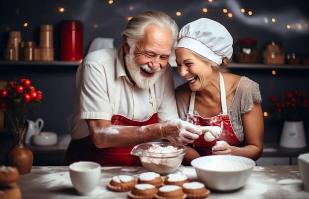 Older man and woman joyfully baking together in a kitchen