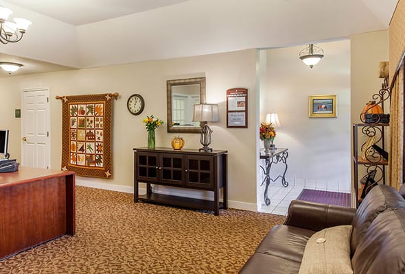 Interior view of a common area with seating and decor
