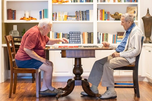 Two residents playing a board game in a cozy common area
