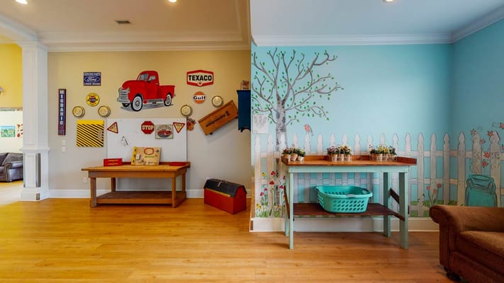 Interior view of a bright activity room with decor