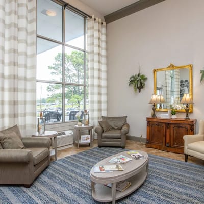 Bright lobby area with seating and decor