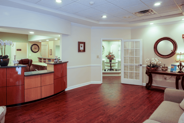 Interior view of the facility lobby with a reception desk