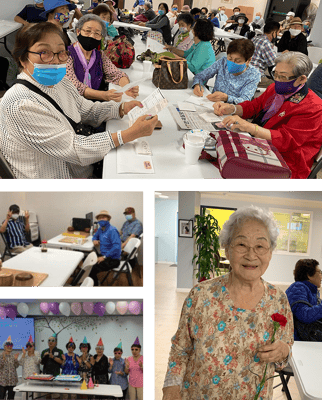 Residents engaging in activities at a communal table