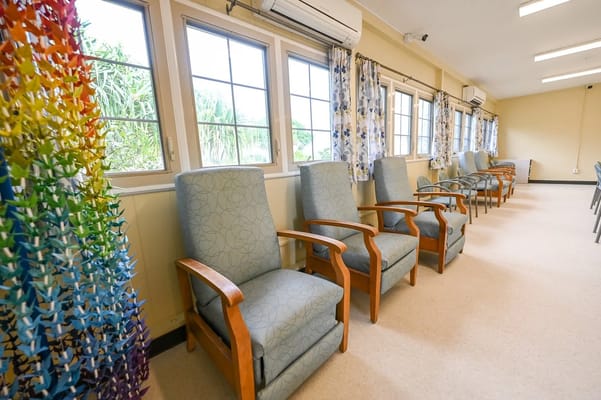 Bright interior space with seating and colorful decor