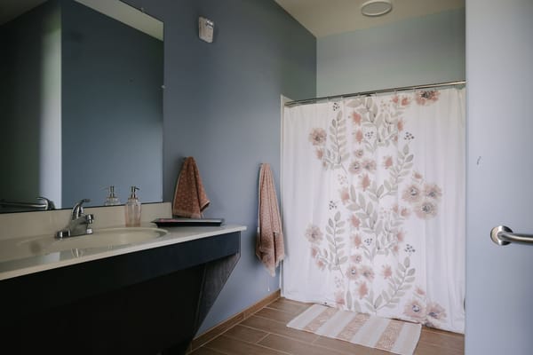 Modern bathroom with floral shower curtain and sink