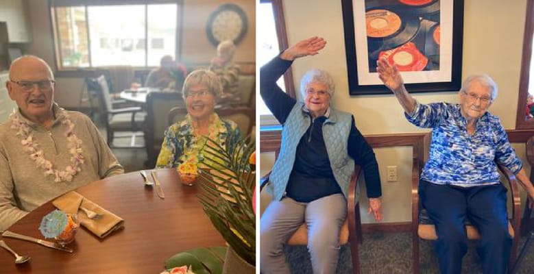 Residents celebrating with cupcakes in a dining area