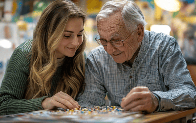 A senior resident enjoying a board game with a young woman
