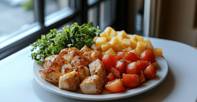 A well-plated meal with chicken, salad, and fruits