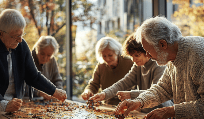 Residents working on a jigsaw puzzle together