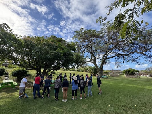 Group of people gathered under trees in a green space
