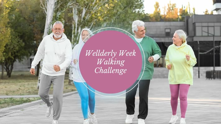 Residents participating in a walking challenge in an outdoor space
