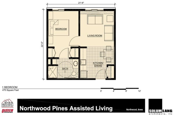 Architectural floor plan of a one-bedroom unit