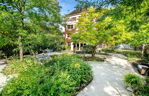 Exterior view of a landscaped garden area at the facility
