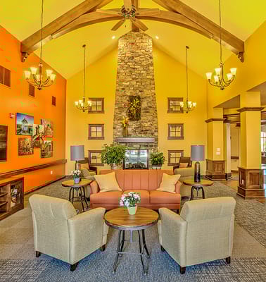 Cozy lobby area with seating and decorations