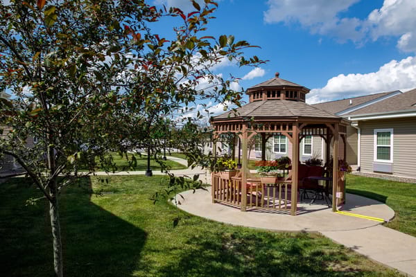 Outdoor gazebo surrounded by greenery