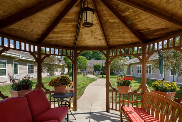 A gazebo overlooking pathways and gardens