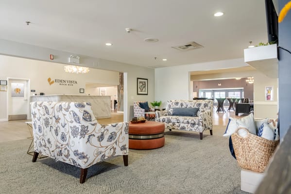 Bright and spacious common area with seating