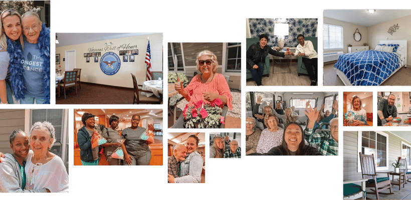 Happy residents and staff engaging in activities