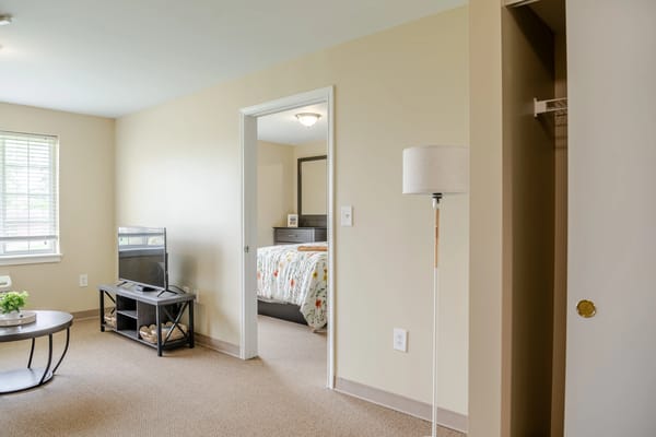 Interior view of a private resident room with furnishings