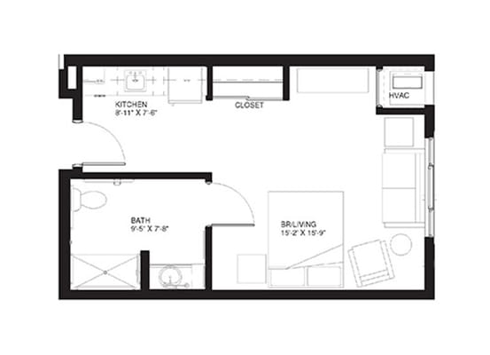 Architectural floor plan of a resident unit layout