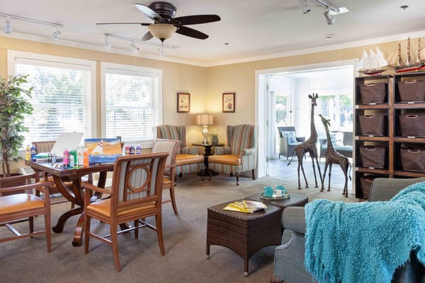 Bright common area with seating and decor