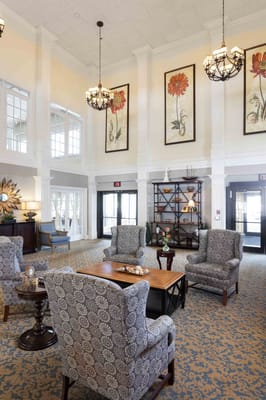 Bright and inviting lobby area with floral decor