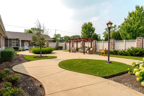 Pathway in an outdoor garden area with seating