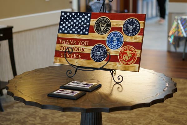 Wooden plaque thanking veterans for their service