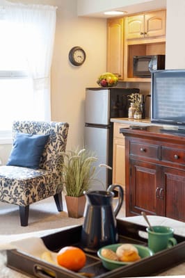 Cozy resident room with snacks and decor