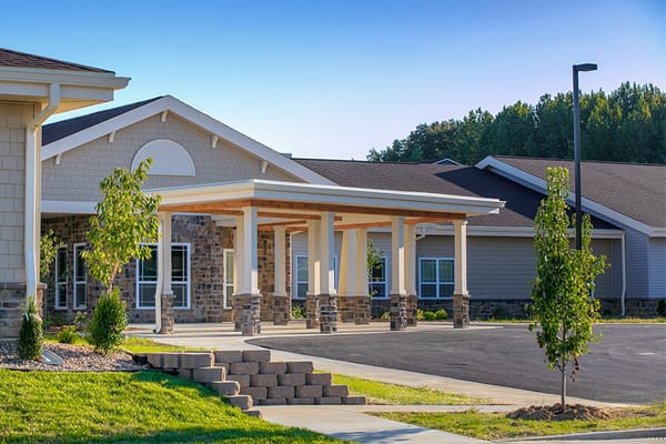 Exterior view of a senior living facility entrance