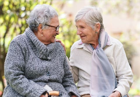 Two elderly women enjoying a conversation in the garden