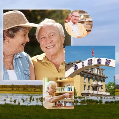 Residents enjoying time together outdoors and in the facility