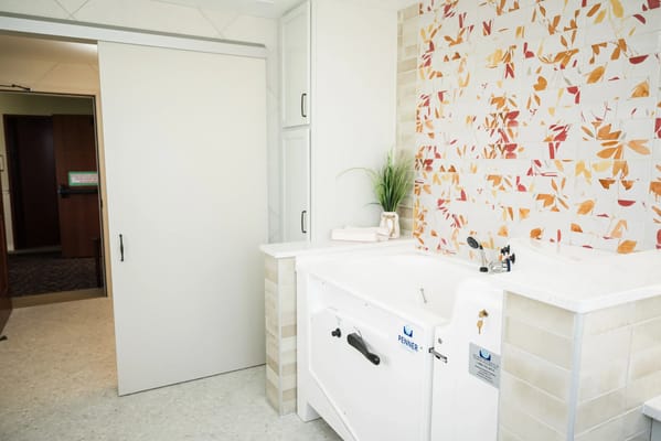Modern assisted living bathroom with a therapeutic tub