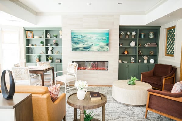 Bright common area with comfortable seating and decor