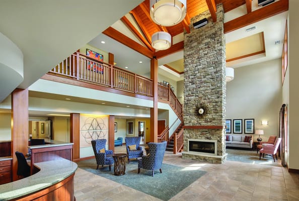 Interior view of a welcoming community lobby with seating