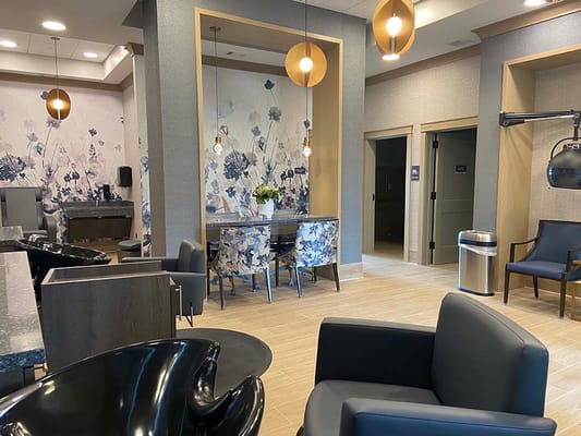 Interior of a stylish common area with seating