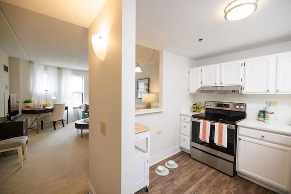 Bright, well-equipped interior of an assisted living apartment
