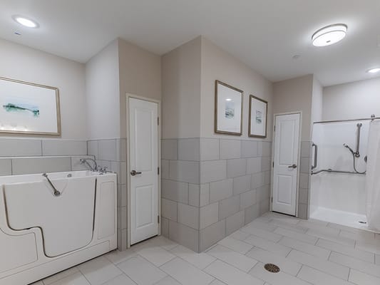 Spacious bathroom with accessible features and safety rails