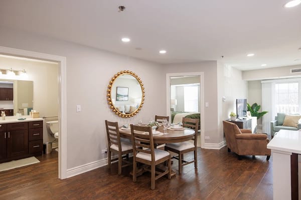 Bright interior of a dining area with furniture